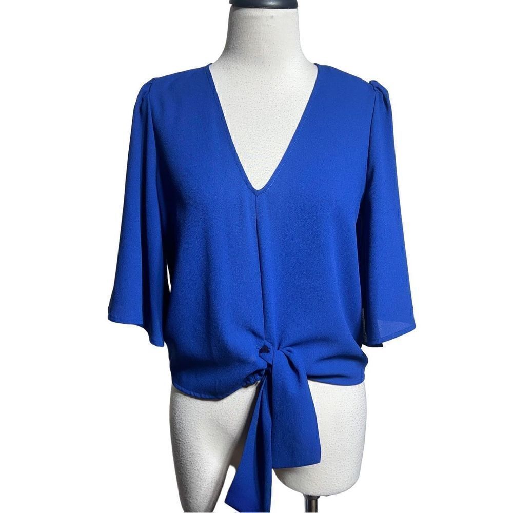 1.STATE Blue Sheer Chiffon Pullover Blouse Trumpet Sleeves Size Small